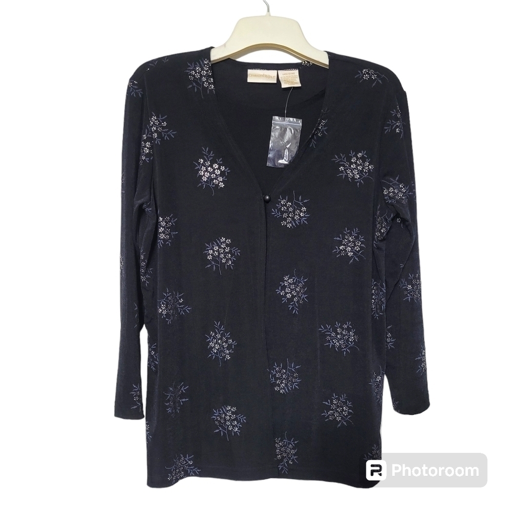 Christie And Jill Black Floral Double Layer Single Button Overlay Blouse Large